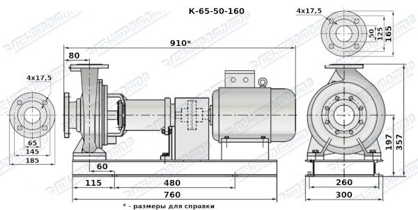 Чертеж К65-50-160 (Чертеж насоса: На раме с двигателем)