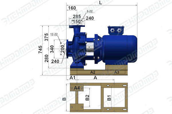 Чертеж КМ200-150-250 (Чертеж насоса: Насосный агрегат)