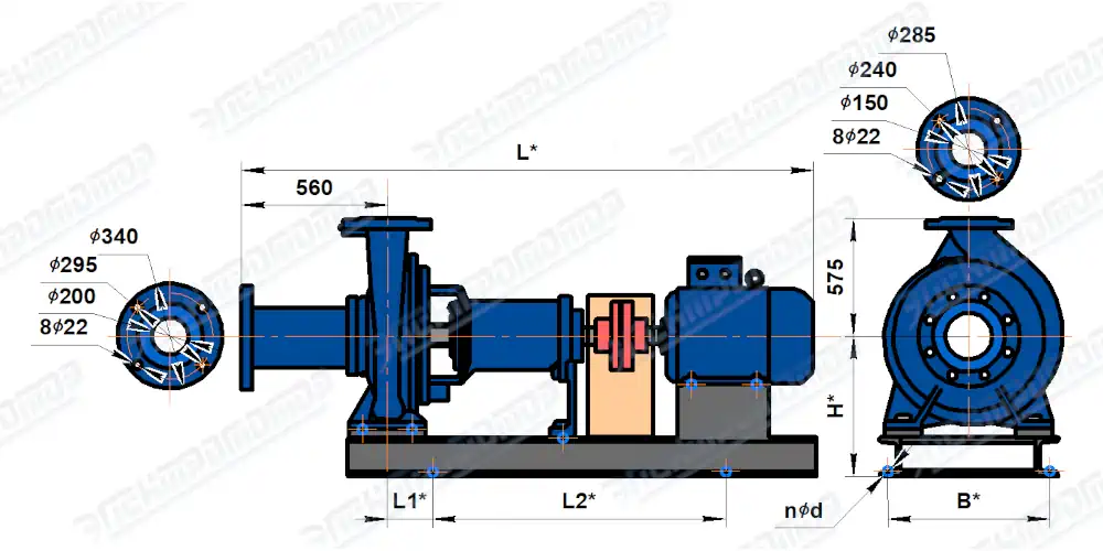 Чертеж СМ200-150-500 (Чертеж насоса: На раме с двигателем)