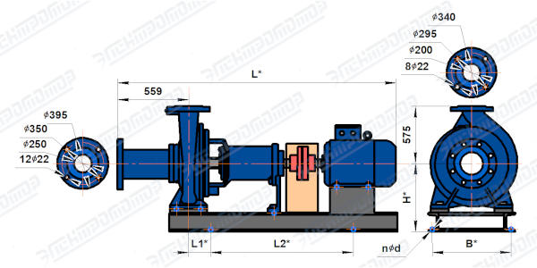 Чертеж 2СМ250-200-400 (Чертеж насоса: На раме с двигателем)