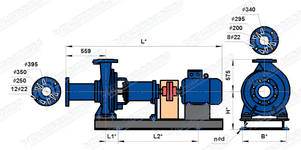 Чертеж 2СМ250-200-400 (Чертеж насоса: На раме с двигателем)