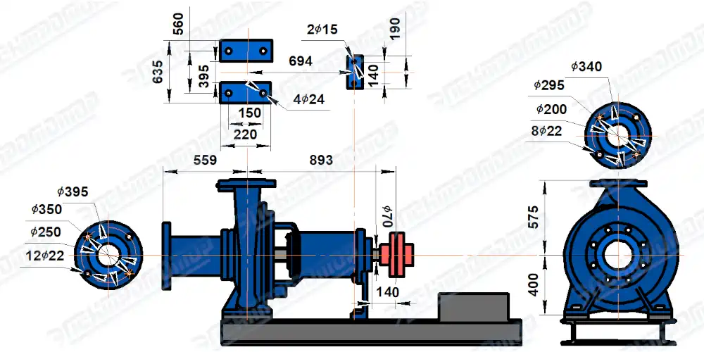 Чертеж 2СМ250-200-400 (Чертеж насоса: На раме без двигателя)