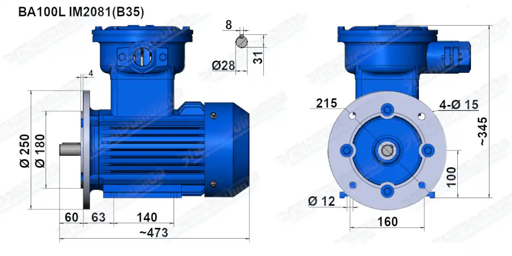 Чертеж электродвигателя ВА100L6 Чертеж монтажного исполнения IM2081 (B35)