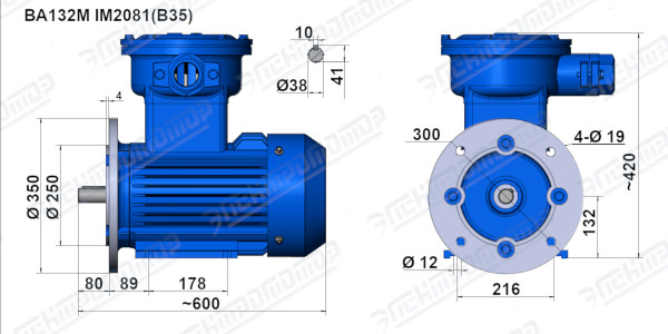 Чертеж электродвигателя ВА132М6 Чертеж монтажного исполнения IM2081 (B35)