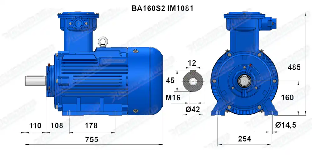 Чертеж электродвигателя ВА160S2 Чертеж монтажного исполнения IM1081 (B3)