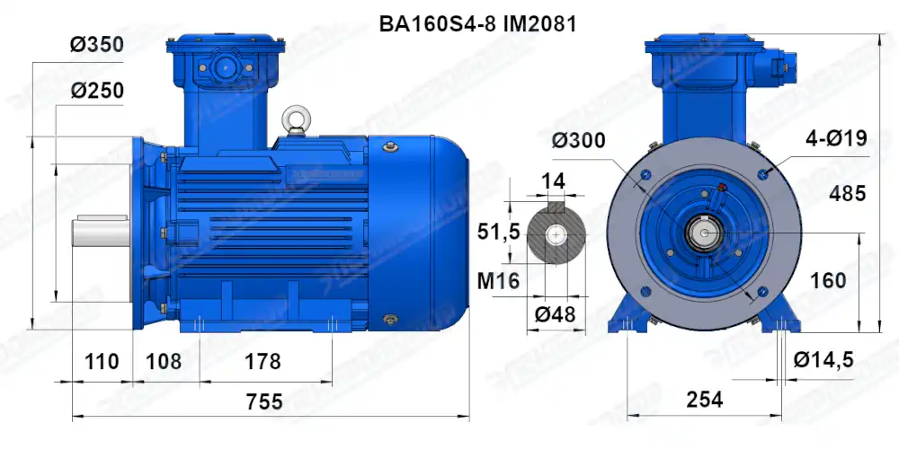 Чертеж электродвигателя ВА160S6 Чертеж монтажного исполнения IM2081 (B35)