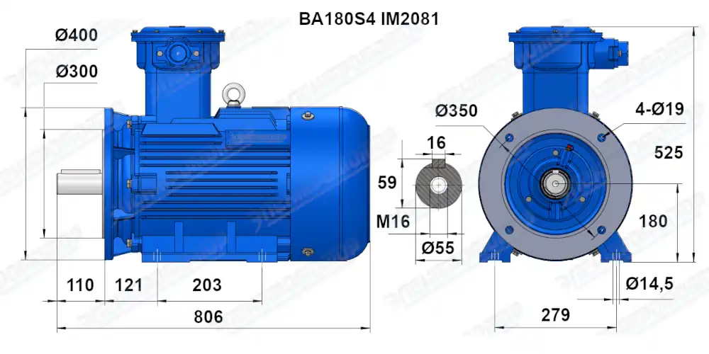 Чертеж электродвигателя ВА180S4 Чертеж монтажного исполнения IM2081 (B35)