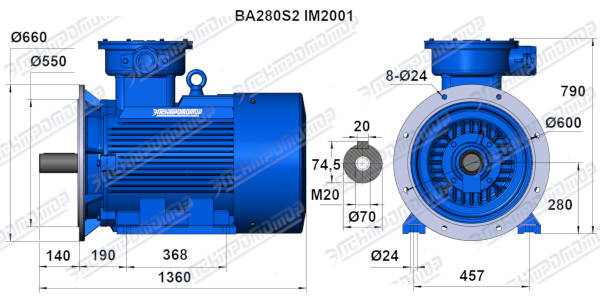 Чертеж электродвигателя ВА280S2 Чертеж монтажного исполнения IM2081 (B35)