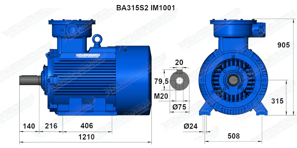 Чертеж электродвигателя ВА315S2 Чертеж монтажного исполнения IM1081 (B3)