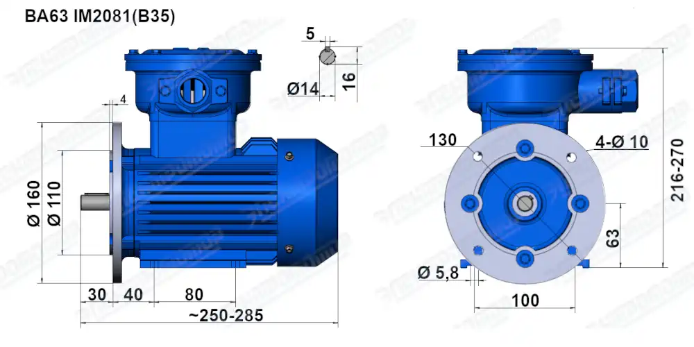 Чертеж электродвигателя ВА63А4 Чертеж монтажного исполнения IM2081 (B35)