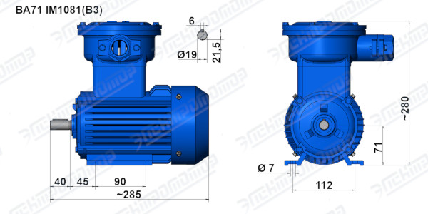 Чертеж электродвигателя ВА71А4 Чертеж монтажного исполнения IM1081 (B3)