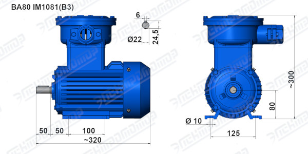 Чертеж электродвигателя ВА80В2 Чертеж монтажного исполнения IM1081 (B3)