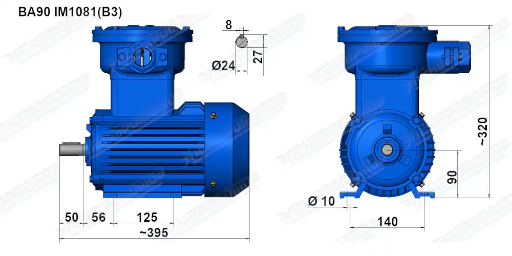 Чертеж электродвигателя ВА90L2 Чертеж монтажного исполнения IM1081 (B3)