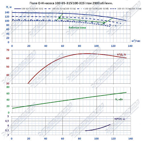 Q-H при 2900 об/мин (К100-65-315)